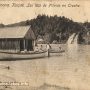 Small wooden pier, boats and waterfall at Kozjak Lake, Plitvice in 1900s